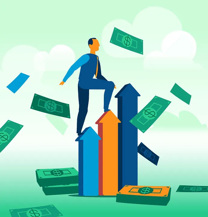 a man is standing on top of an arrow surrounded by money .